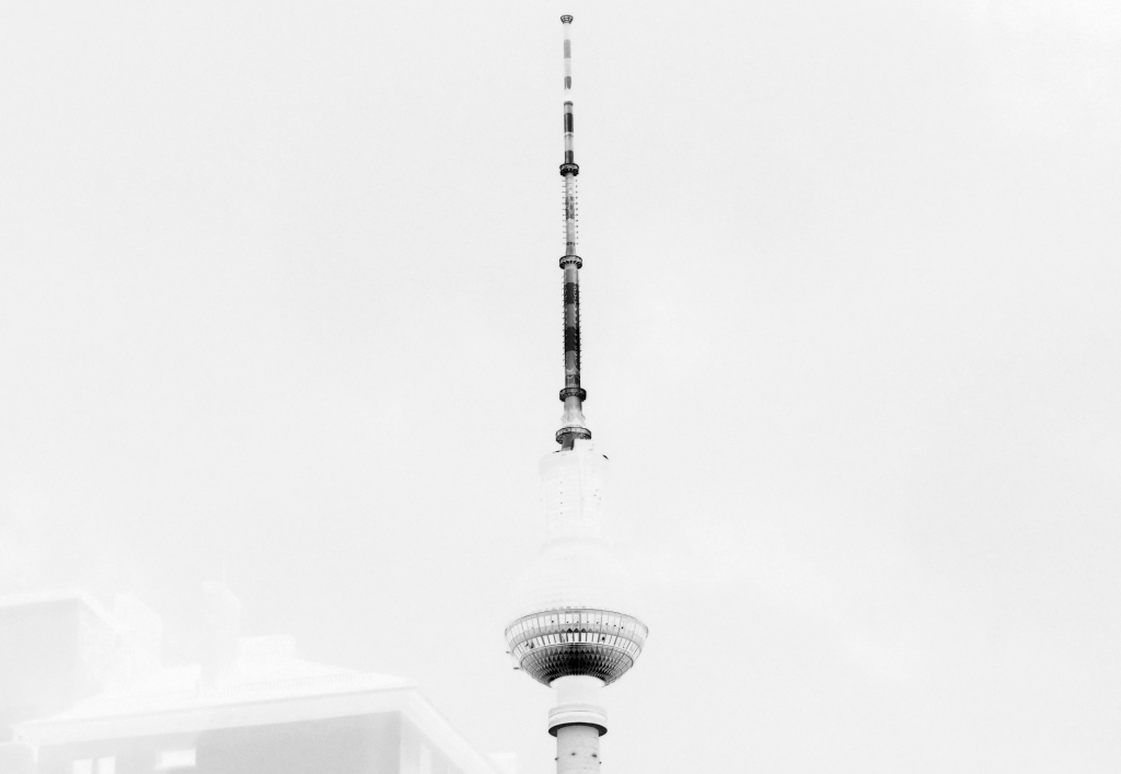 A reversed mono image, close up of Berliner Fernsehturm